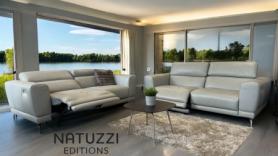 Two Times Three Seater Grey Natuzzi Leather Reclining Sofas