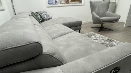 Volante Berlin soft Grey fabric Power reclining 3 seater chaise sofa